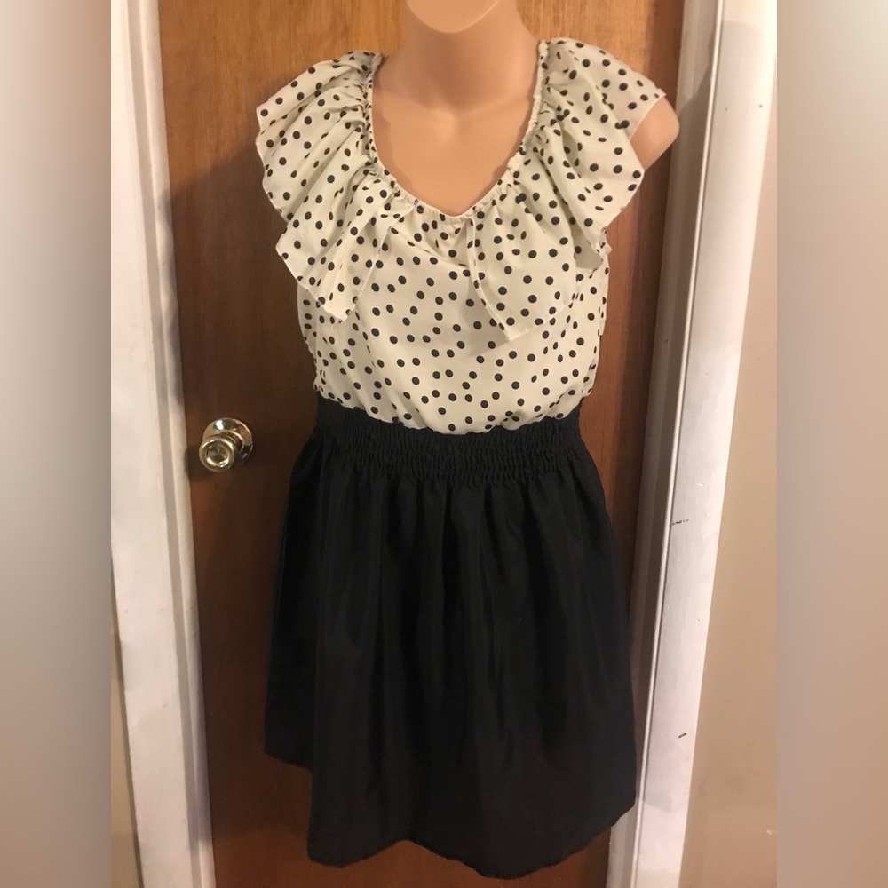 🫶 3 for $15! Allegra K White & Black Polka Dot Ruffle fit & flare Dress cutout